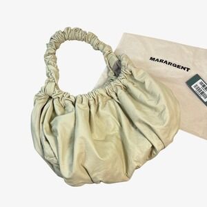 MARARGENT Ruched Handle Handbag Beige Leather Baguette Purse Designer